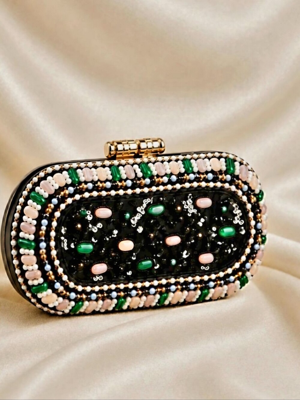 Embellished Black Beaded Evening Clutch